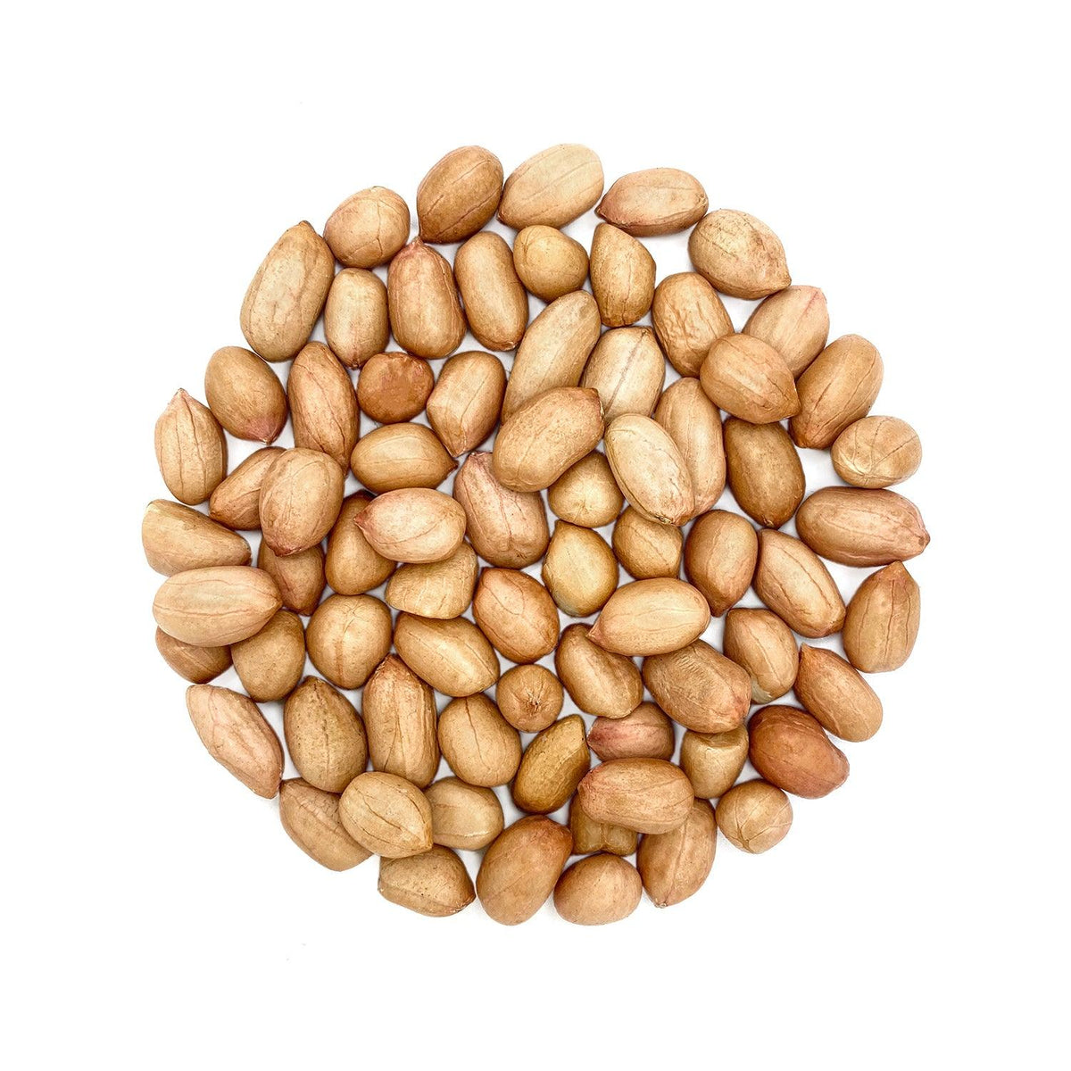 A circular arrangement of whole, unshelled peanuts displayed against a white background. The peanuts are natural in color and appear clean and fresh, highlighting their unprocessed state. This image visually emphasizes the simplicity and purity of the peanuts, suitable for various culinary uses