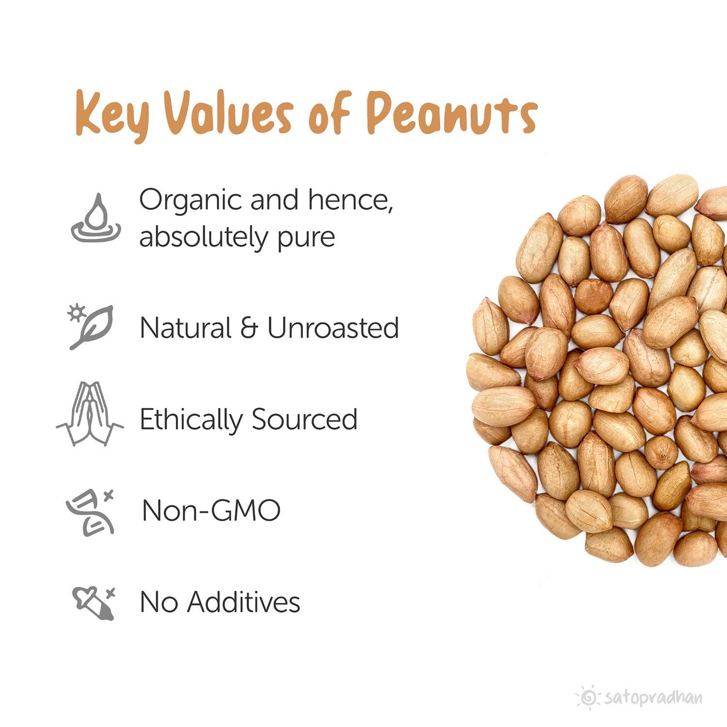 it represents the key values of organic whole peanuts like organic, naturals & unroasted, ethically sourced, non gmo, no additives