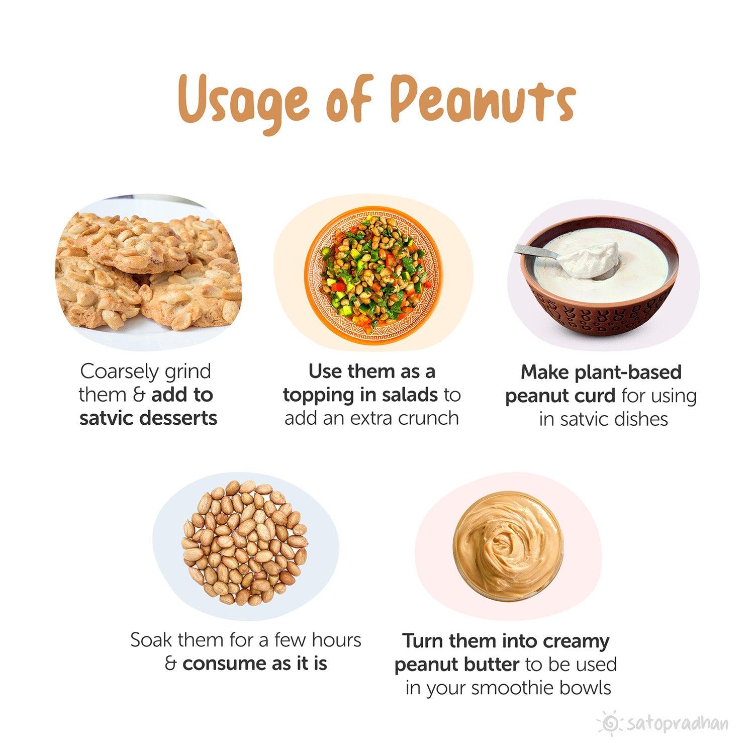 This infographic illustrates various ways to use peanuts. There are five images, each showing a different use: add to satvic desserts, use them as a topping in salads, make plant based peanut curd, consume as it is, turn them into creamy peanut butter