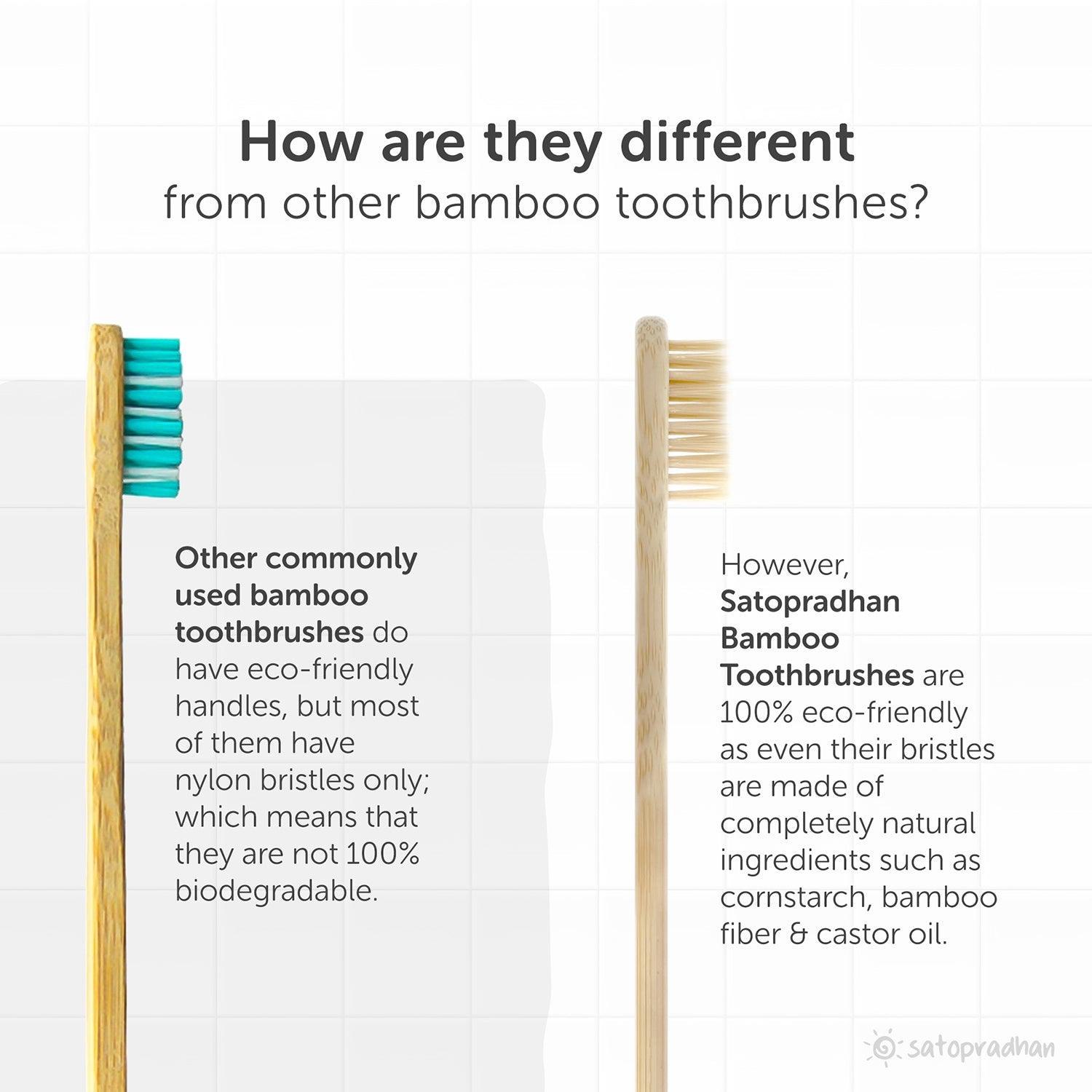 Bamboo Toothbrushes Difference, Comparison, Set of 4 with Bamboo Handles & Biodegradable Bristles, Colored markings for easier identification