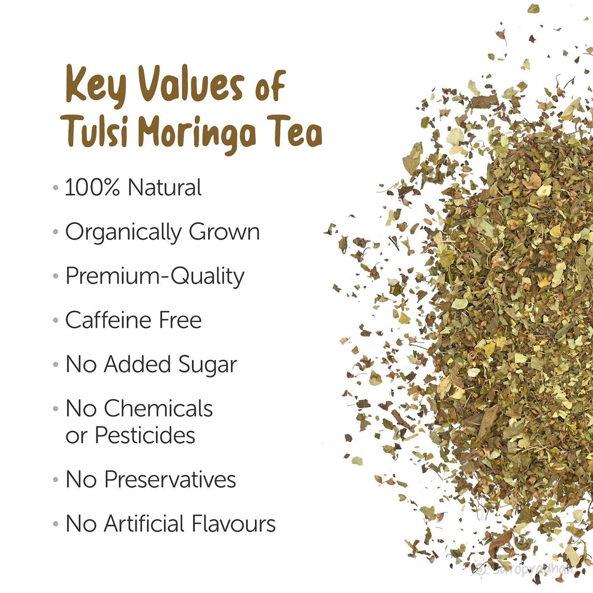 Tulsi Moringa Tea Key Values - Organic & Naturally Shade Dried Blend 50g - Sugar free & Caffeine free without Preservatives or Artificial Flavours