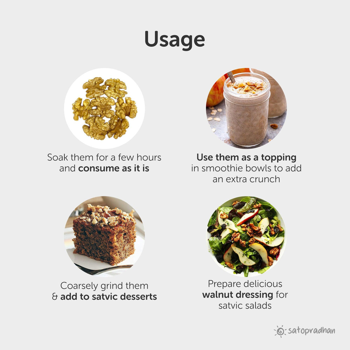 usage of walnuts, consume as it is, use them as a topping, add to satvic desserts, prepare delicious walnut dressing for satvic salads